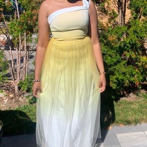 One shoulder, ombre, yellow, long, dress